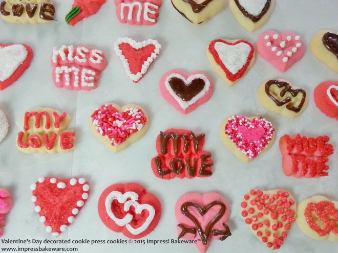 Valentine's Day decorated cookie press cookies     © 2015 Impress! Bakeware™