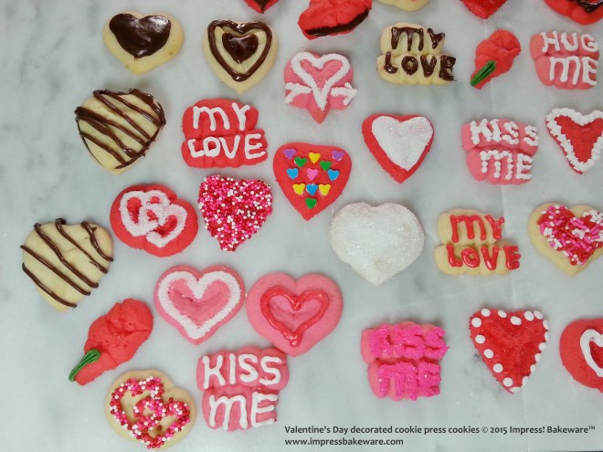 Valentine's Day decorated cookie press cookies-- © 2015 Impress! Bakeware™