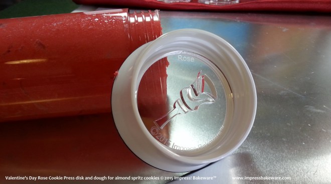 Valentine's Day Rose Cookie Press disk and dough for almond spritz cookies © 2015 Impress! Bakeware™