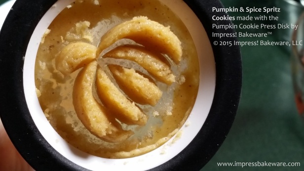 Pumpkin & Spice Spritz Cookies made with the Pumpkin Cookie Press Disk by Impress! Bakeware™ © 2015 Impress! Bakeware, LLC