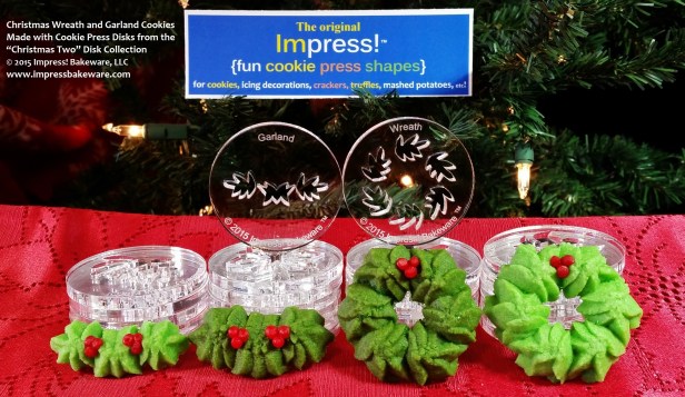 Christmas Wreath &amp; Garland Cookies- Cookie Press Disks from Christmas Two Disk Collection- © 2015 Impress! Bakeware, LLC