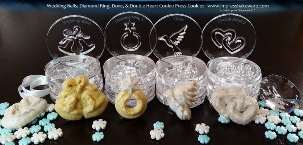 Wedding Bells, Diamond Ring, Dove, &amp; Double Heart Cookie Press Cookies  © 2016 Impress! Bakeware, LLC