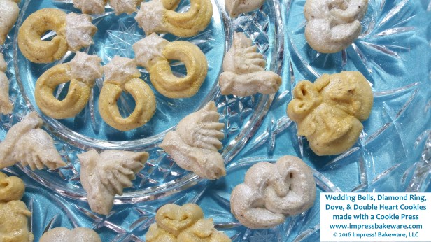 Wedding Bells, Diamond Ring, Dove, &amp; Double Heart Cookies made with a Cookie Press © 2016 Impress! Bakeware, LLC a