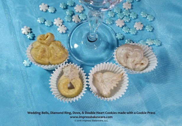 Wedding Bells, Diamond Ring, Dove, &amp; Double Heart Cookies made with a Cookie Press   © 2016 Impress! Bakeware, LLC