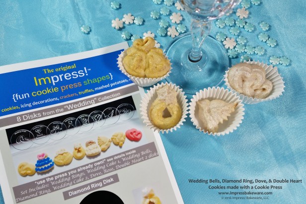 Wedding Bells, Diamond Ring, Dove, & Double Heart Cookies made with a Cookie Press      © 2016 Impress! Bakeware, LLC.jpg