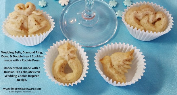 Wedding Bells, Diamond Ring, Dove, & Double Heart Cookies made with a Cookie Press -© 2016 Impress! Bakeware, LLC.jpg