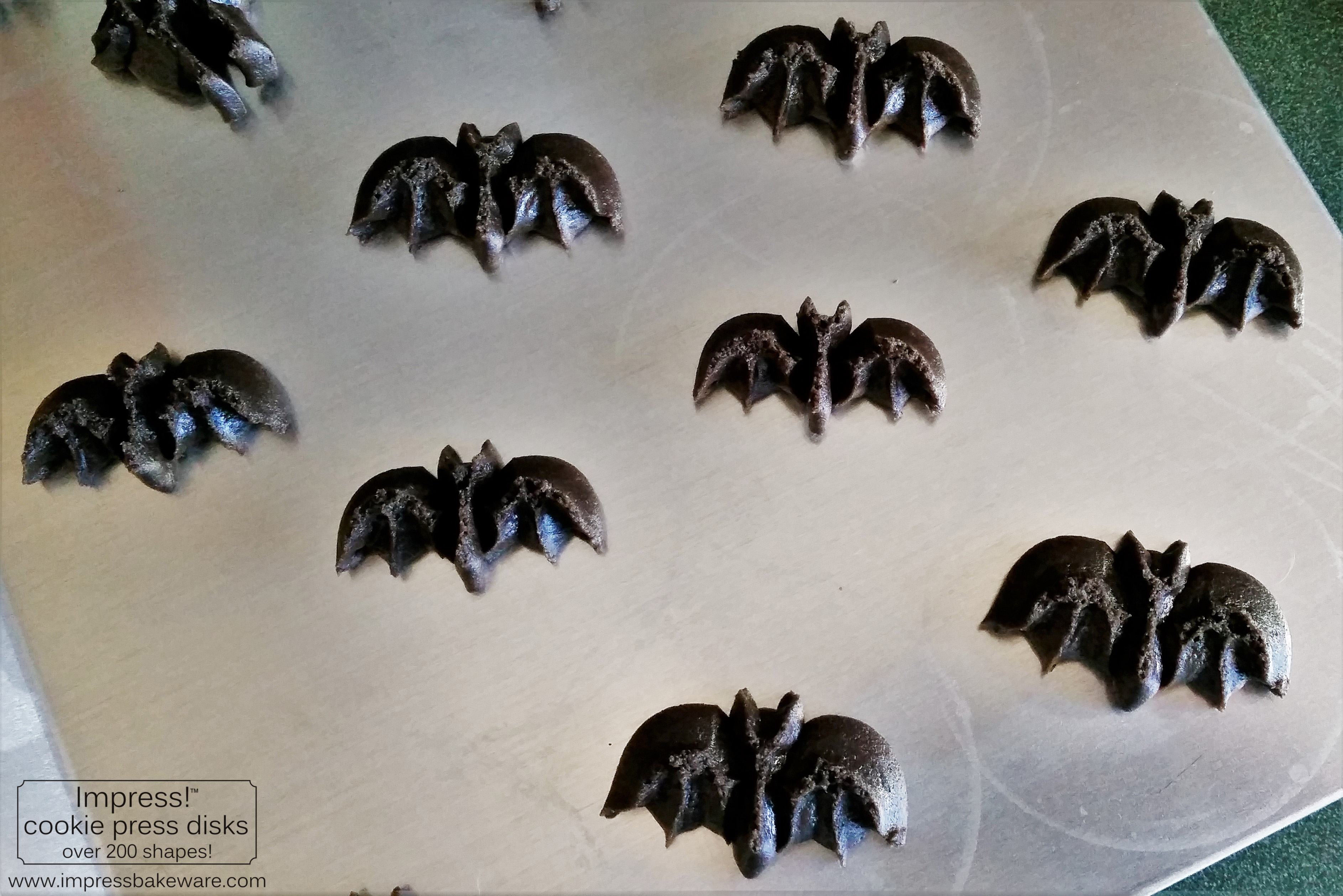 Chocolate Halloween Bats Cookie Press Spritz Cookies © 2016 Impress! Bakeware, LLC y.jpg
