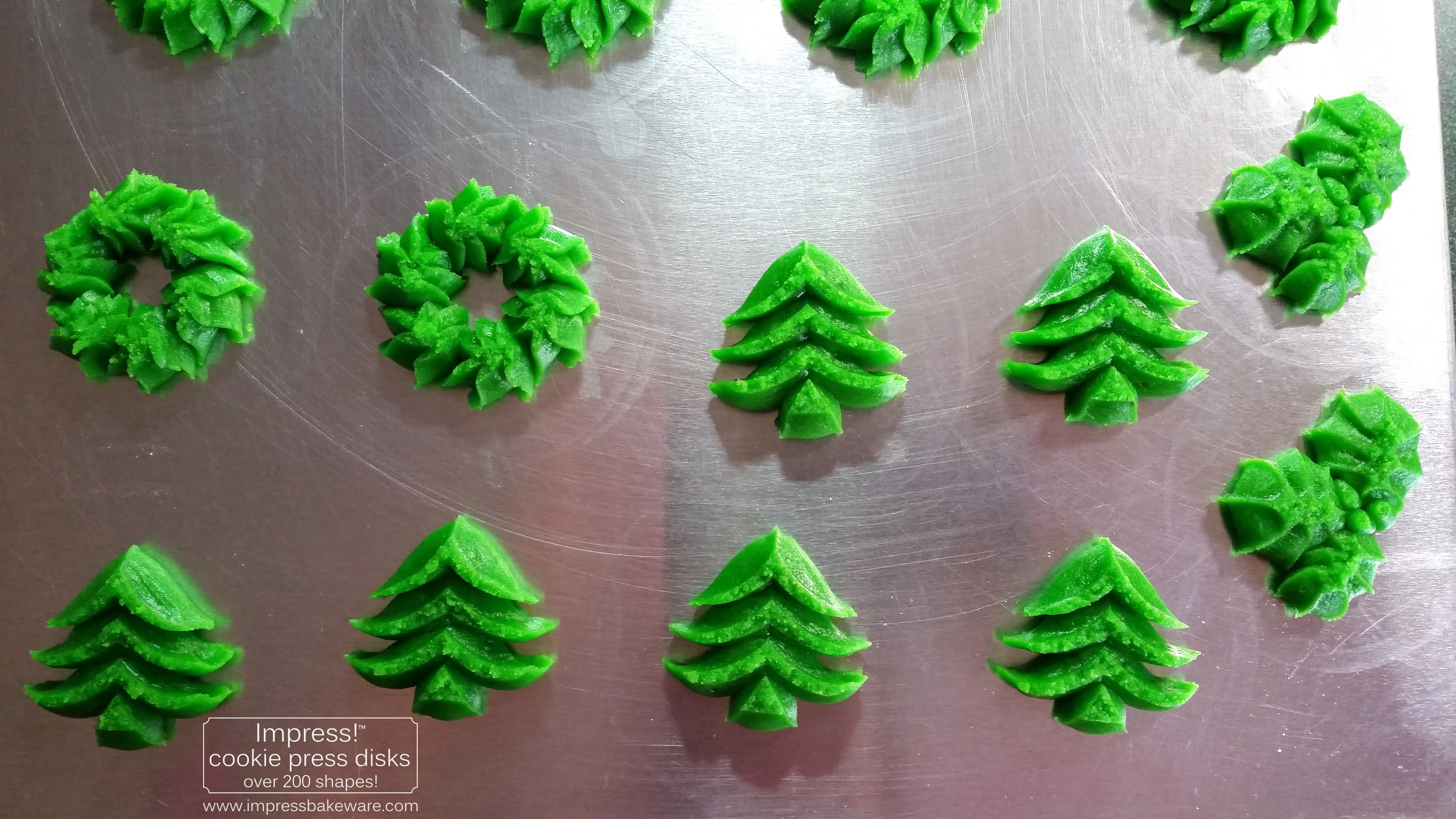 Christmas Tree Holly and Wreath Almond Spritz Cookies © 2016 Impress! Bakeware, LLC cookie press.jpg