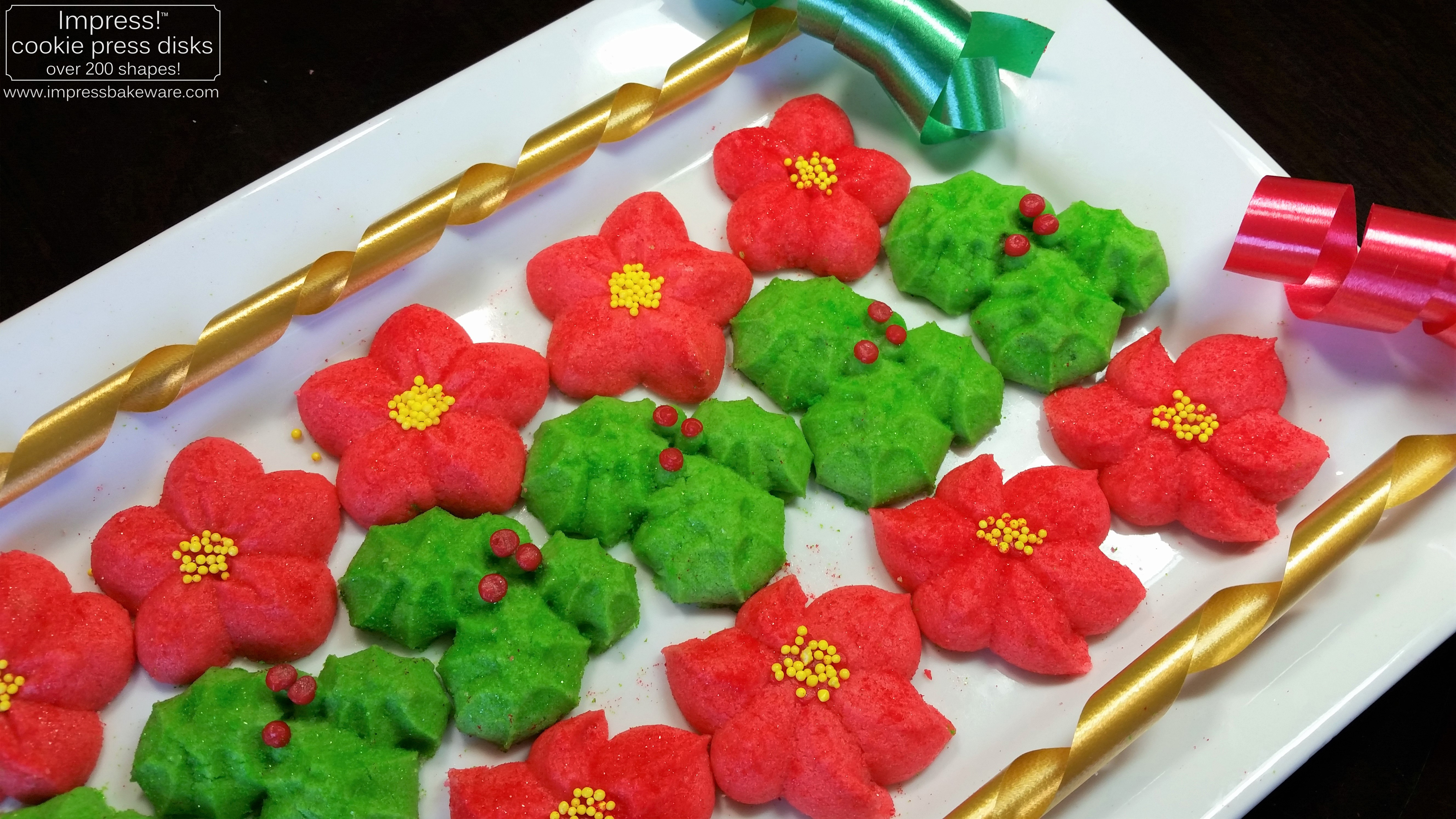 Holly Leaves & Poinsettia Spritz Cookies © 216 Impress! Bakeware, LLC cookie press d.jpg