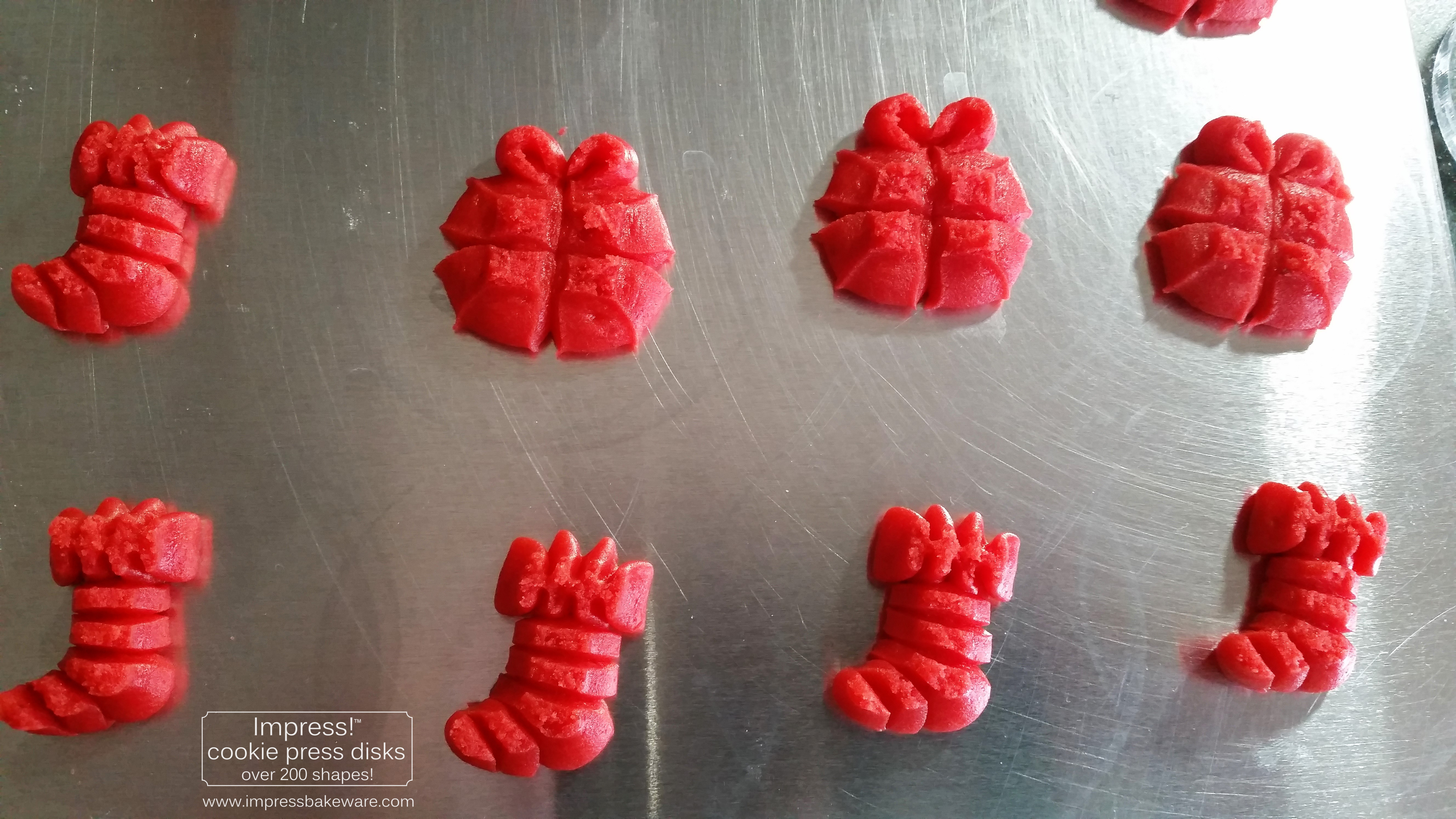 Stocking and Gift Almond Spritz Cookies © 2016 Impress! Bakeware, LLC cookie press.jpg