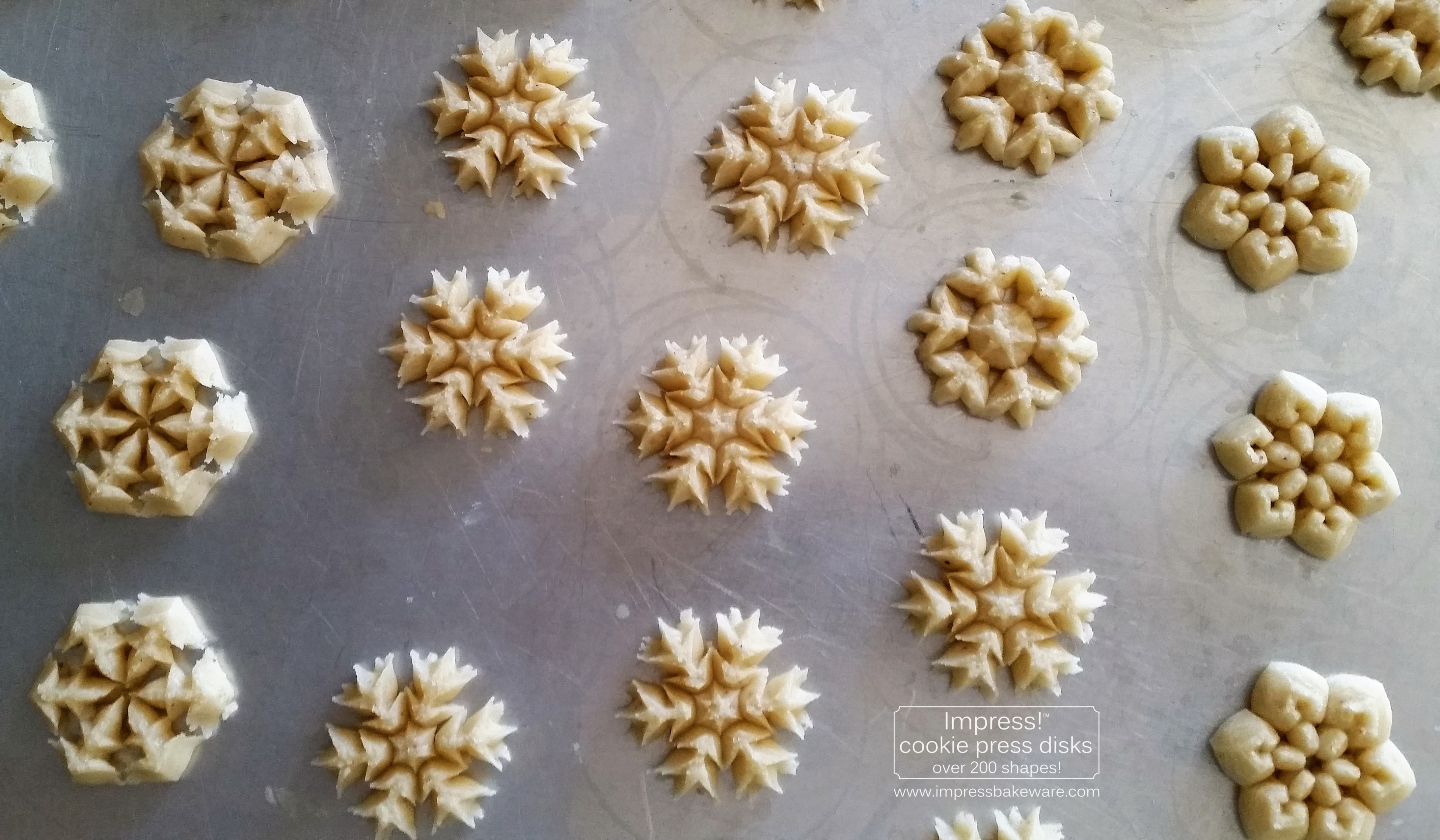 Almond Snowflake Spritz Cookies & Disks © 2016 Impress! Bakeware, LLC cookie press e..jpg