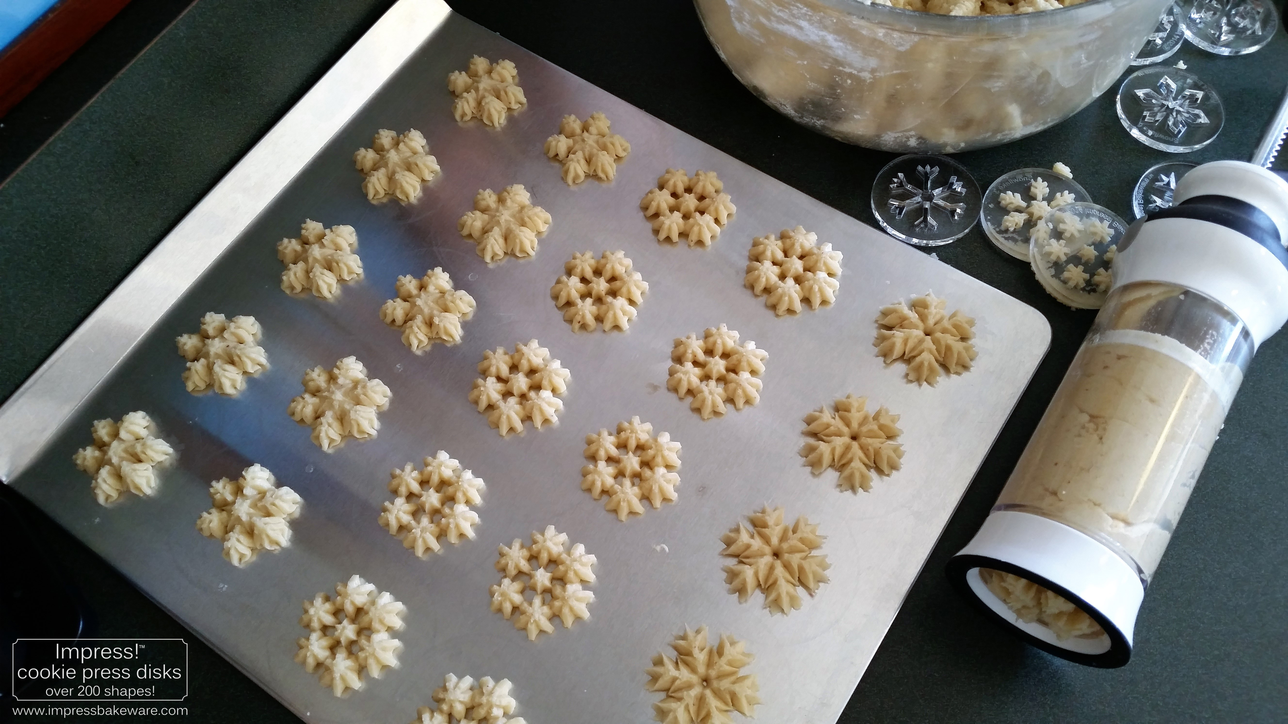 Almond Snowflake Spritz Cookies & Disks © 2016 Impress! Bakeware, LLC cookie press.jpg