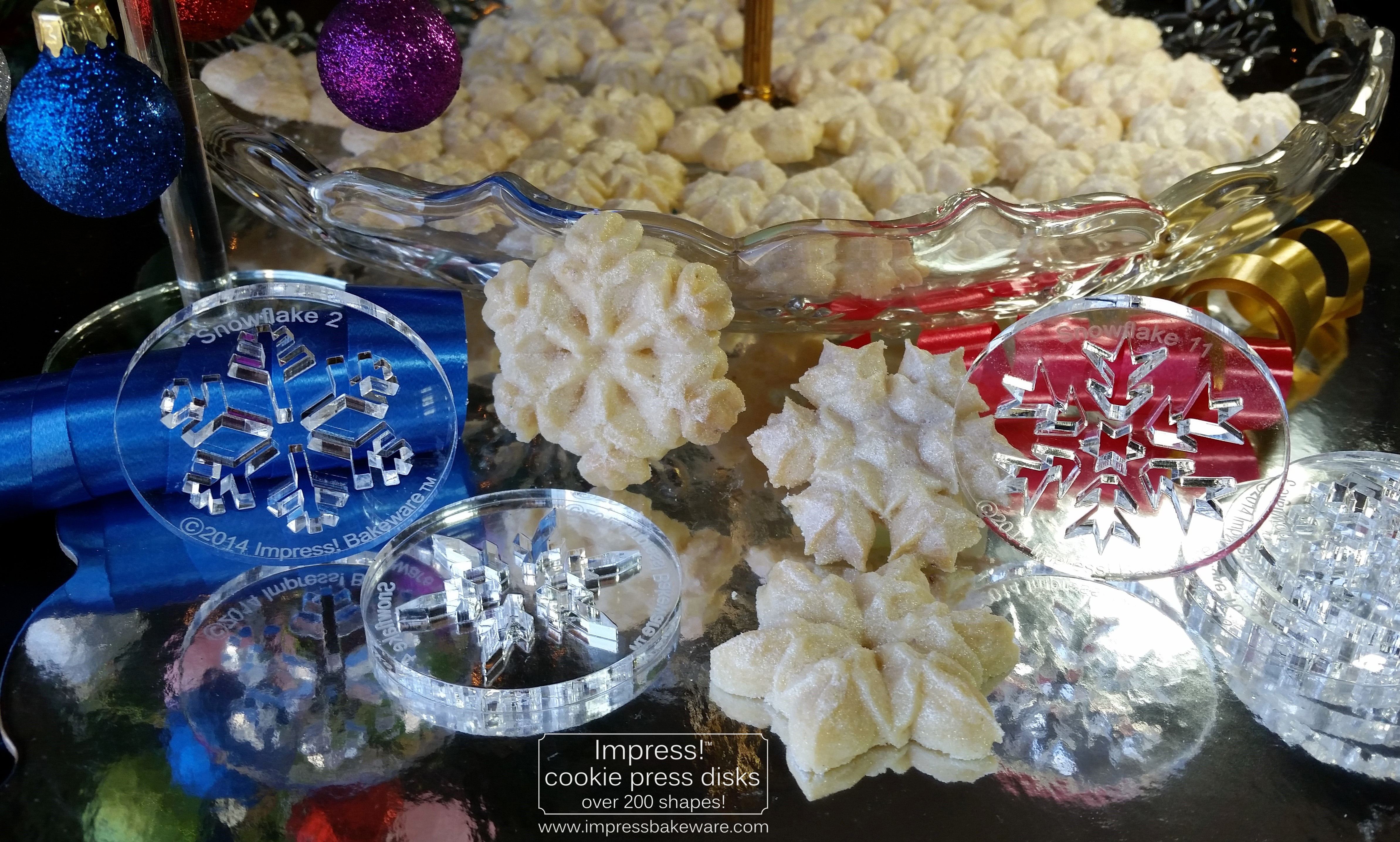 Sparkling Snowflake Almond Spritz Cookies and Cookie Press Disks © 2016 Impress! Bakeware, LLCjd.jpg