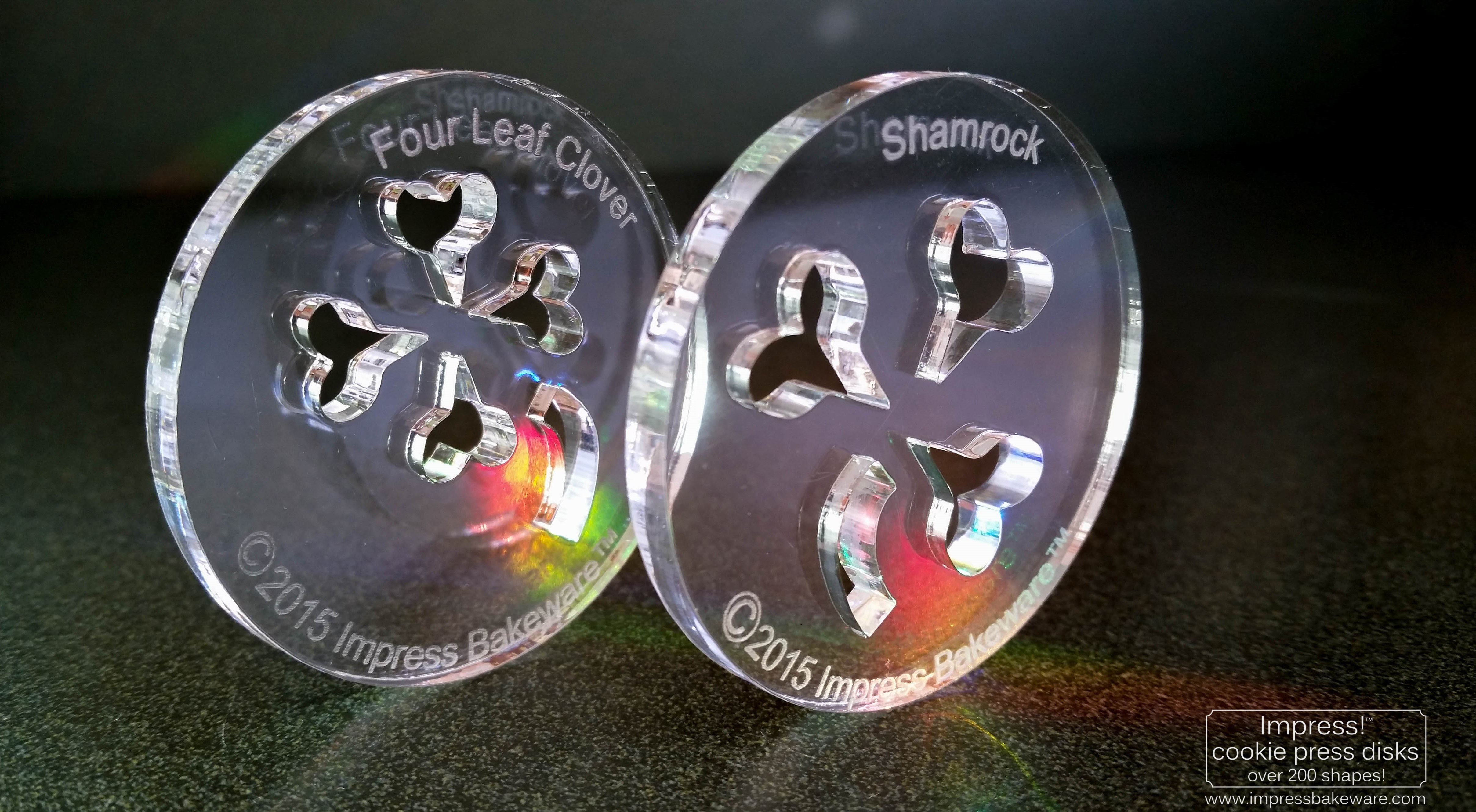 Shamrock and Four Leaf Clover Cookie Press Disks © 2017 Impress! Bakeware, LLC spritz.jpg