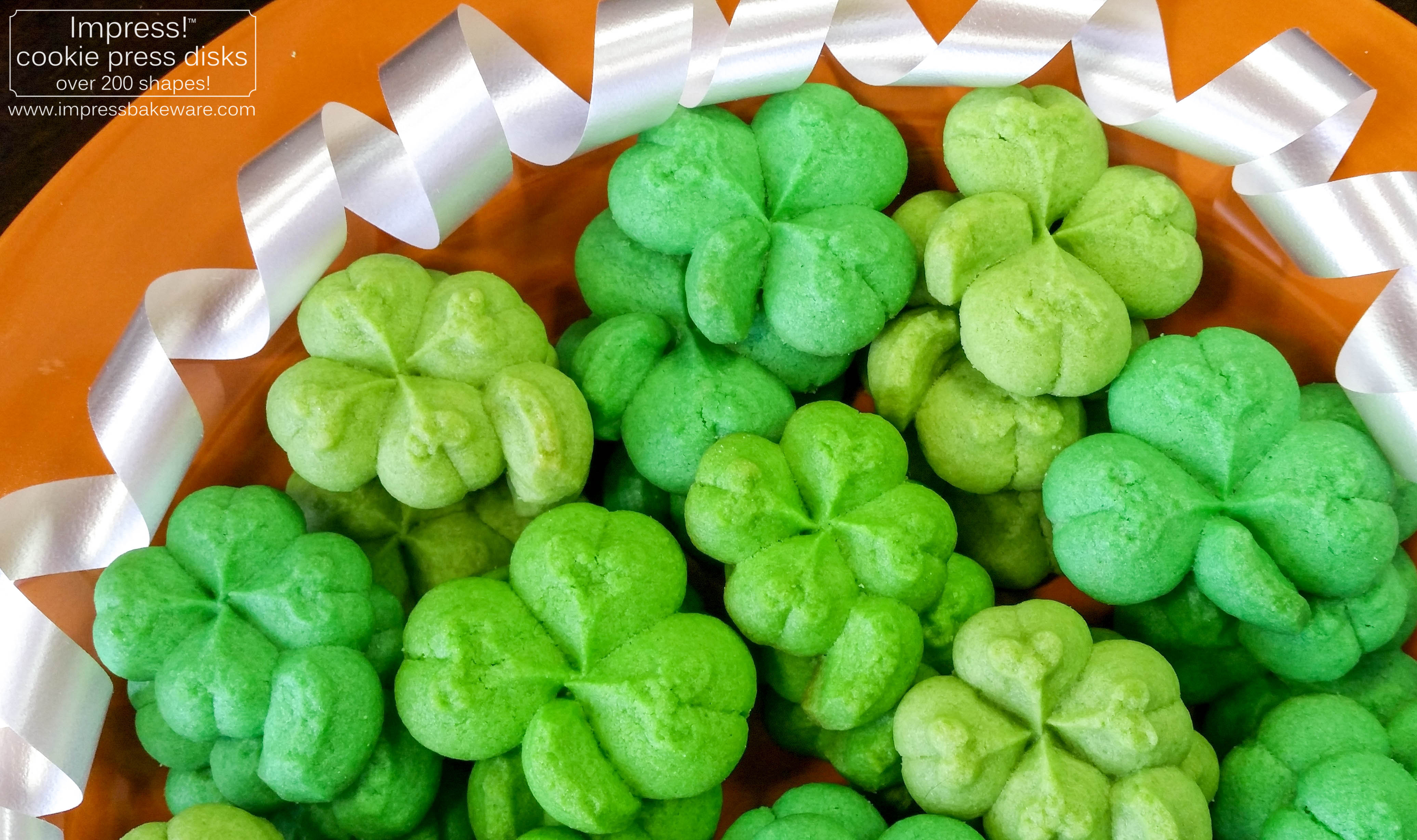 Shamrock & Four Leaf Clover Cookies © 2017 Impress! Bakeware, LLC spritz cookie press j.jpg