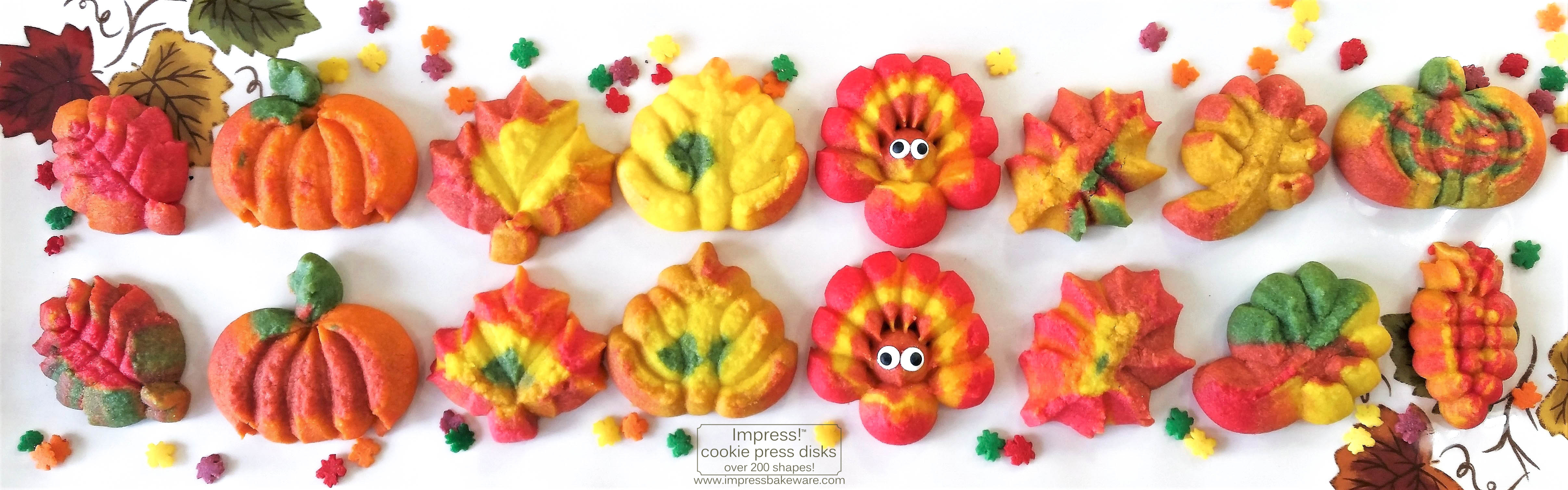 a Colorful Fall Leaves, Turkeys, and Pumpkins cookie press spritz W © 2017 Impress! Bakeware, LLC.jpg
