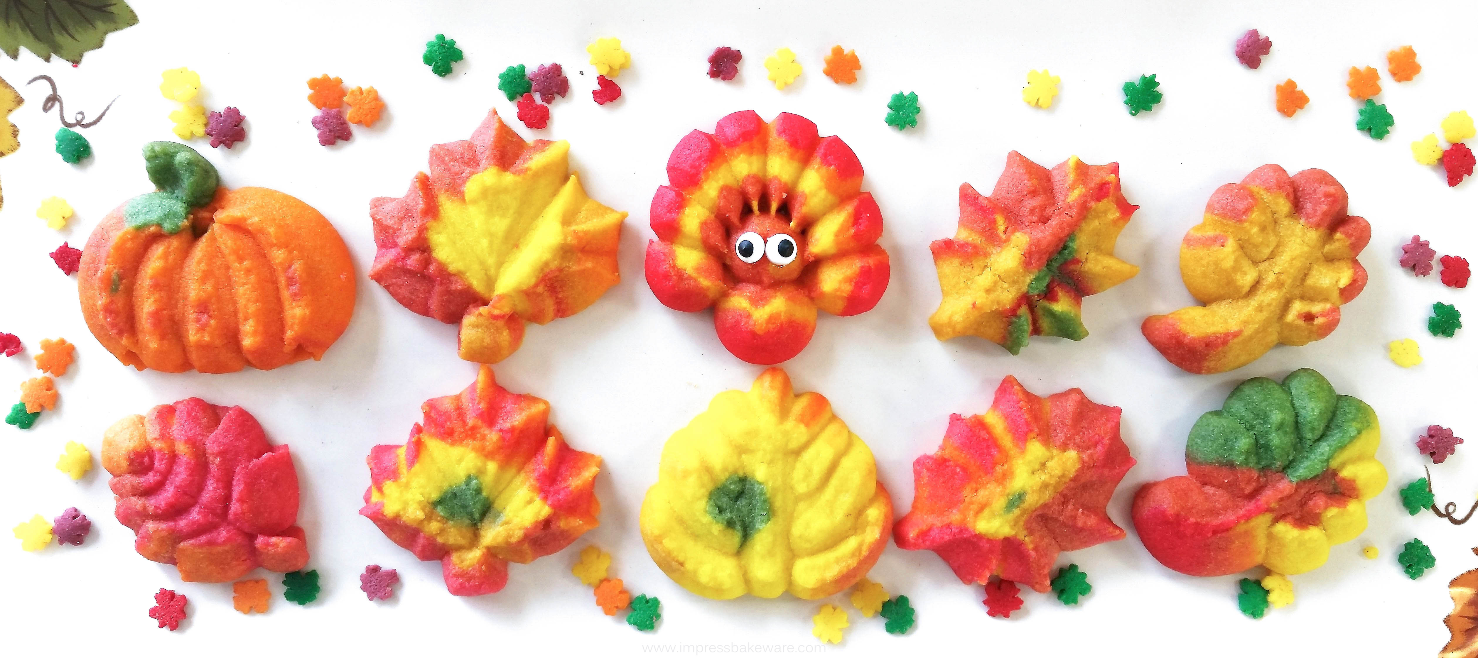 b Colorful Fall Leaves, Turkeys, and Pumpkins cookie press spritz LWM © 2017 Impress! Bakeware, LLC