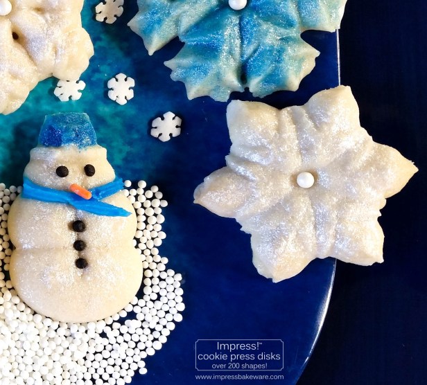 ab Glazed Shimmering Snowman &amp; Snowflake Cookies cookie press spritz © 2017 Impress! Bakeware, LLC