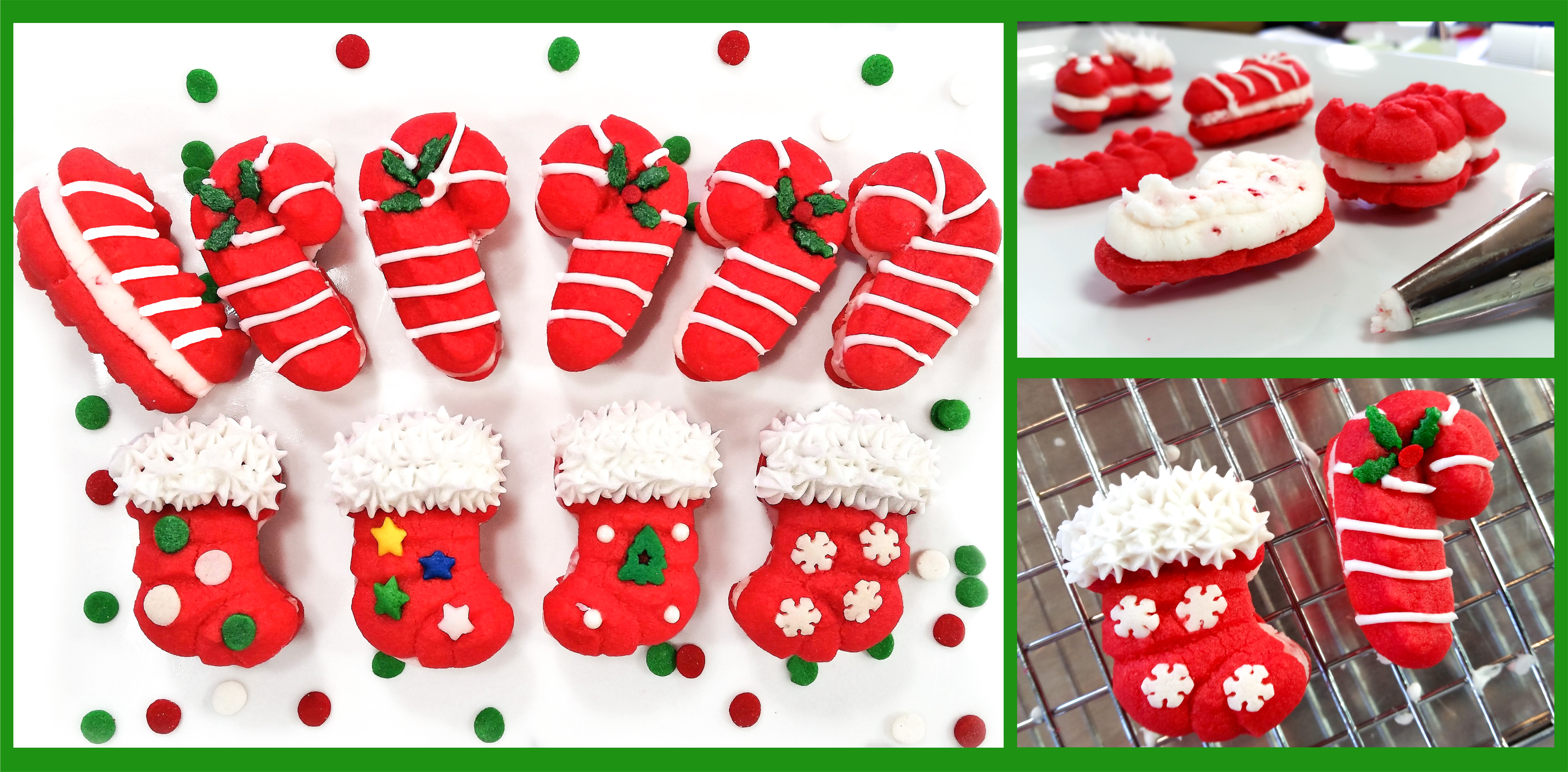Peppermint Candy Cane & Stocking butter mint spritz cookies © 2021 Impress! Bakeware, LLC