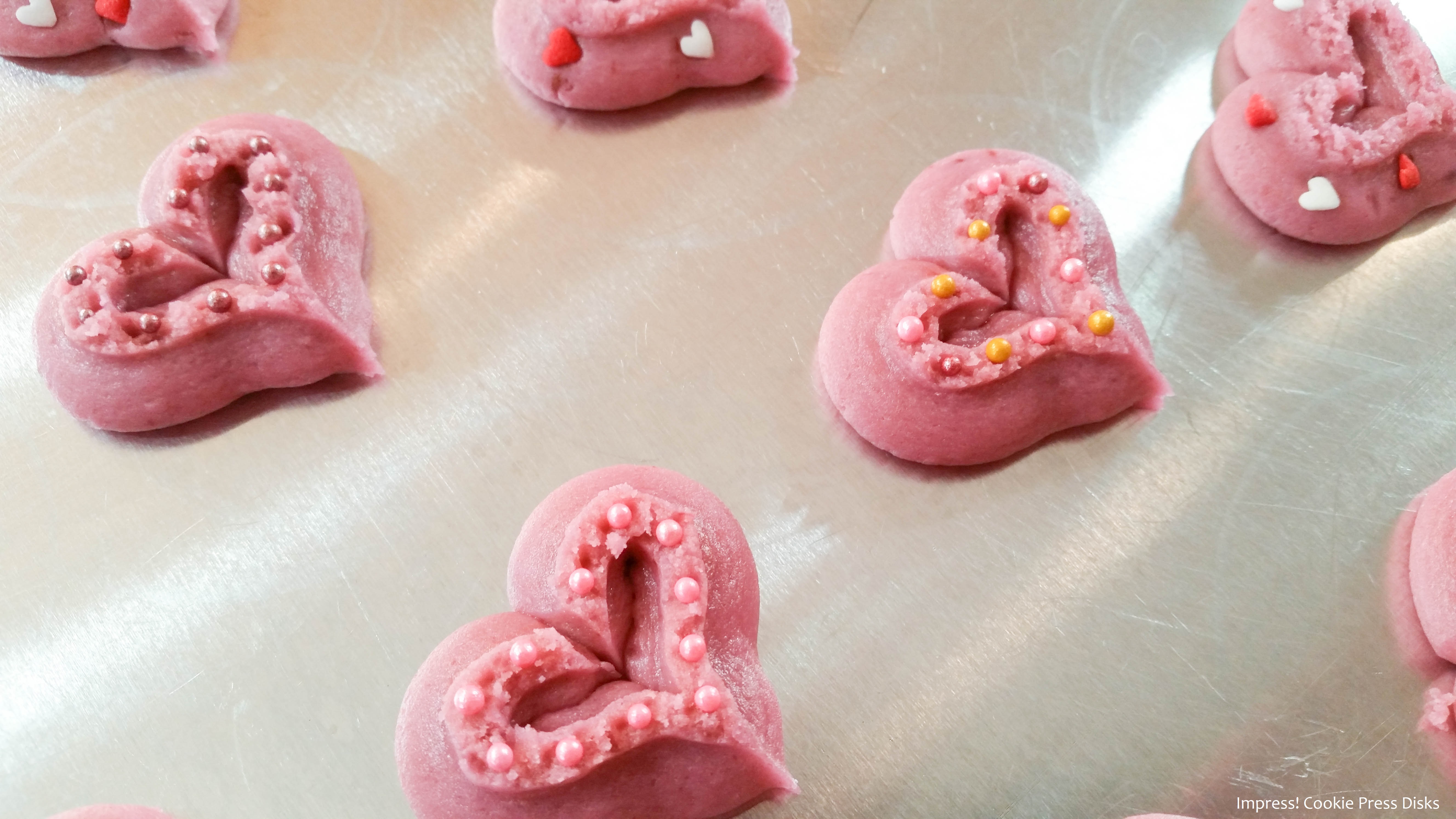 hh2 Raspberry Thumbprint Valentine’s Spritz Cookies cookie press w © 2018 Impress! Bakeware, LLC.jpg
