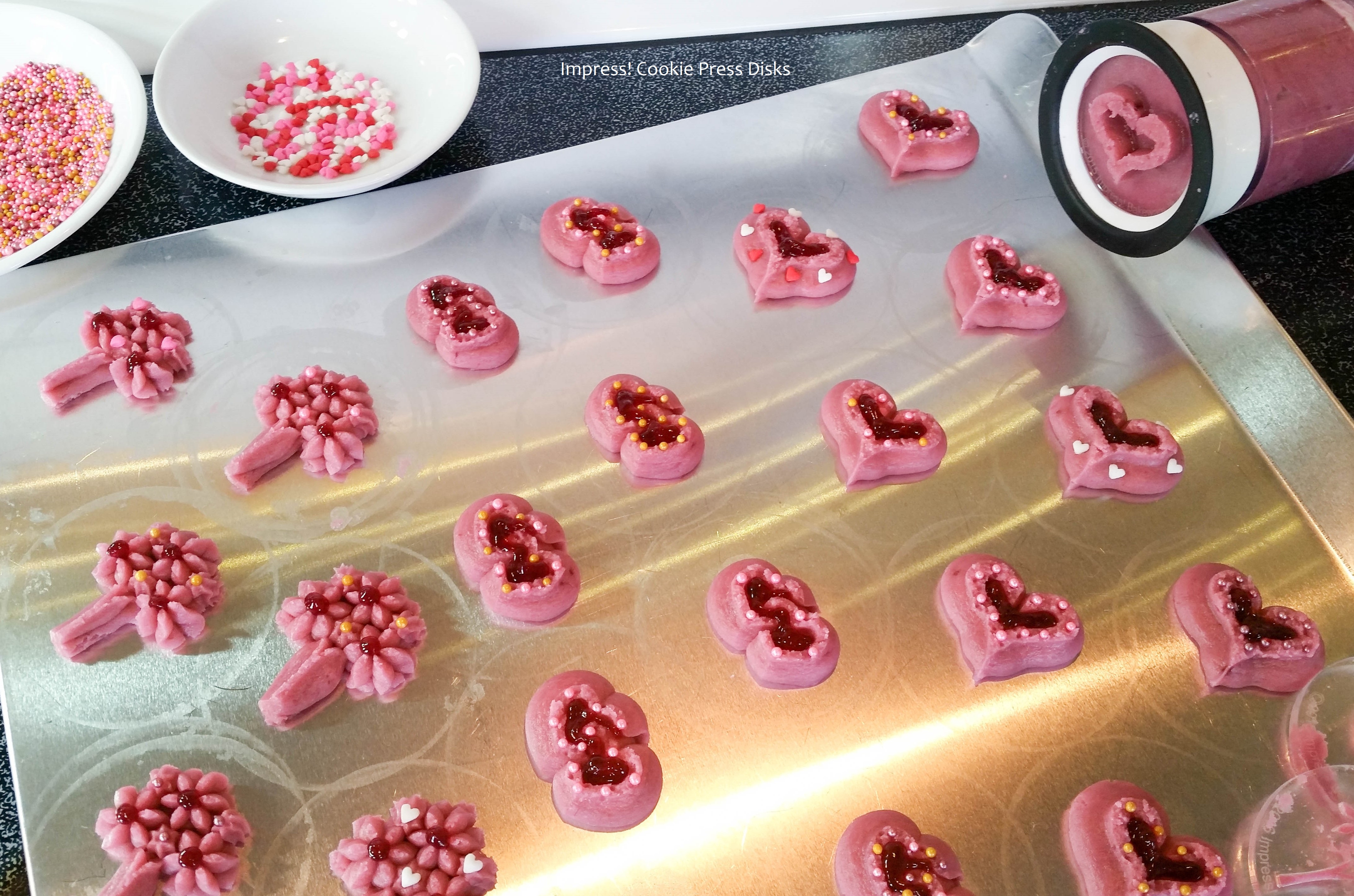 x Raspberry Thumbprint Valentine’s Spritz Cookies cookie press w © 2018 Impress! Bakeware, LLC.jpg