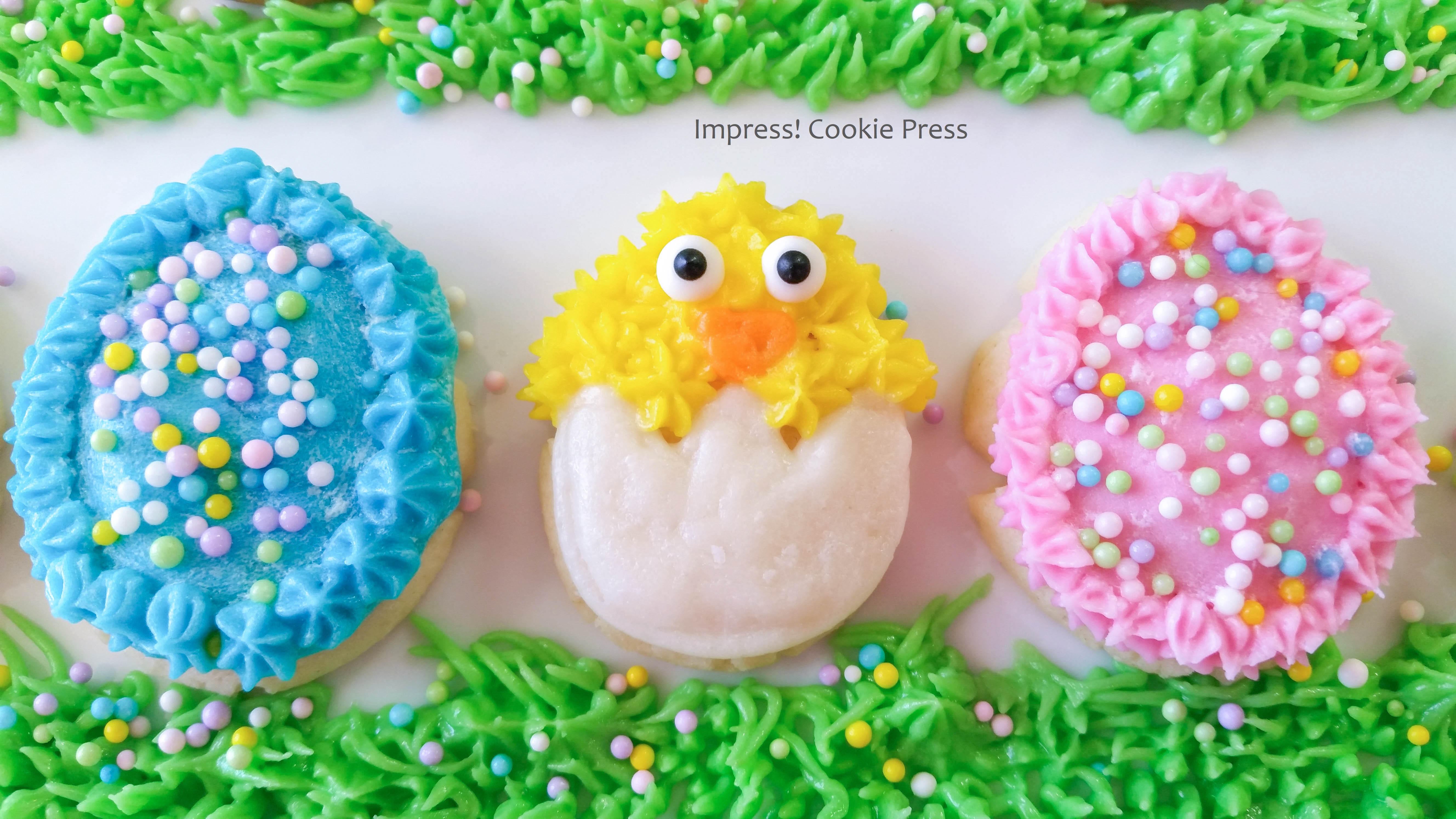 cc Easter Cream Cheese Spritz Cookies Chicks Eggs Bunnies Carrots cookie press © 2018 Impress! Bakeware, LLC.jpg