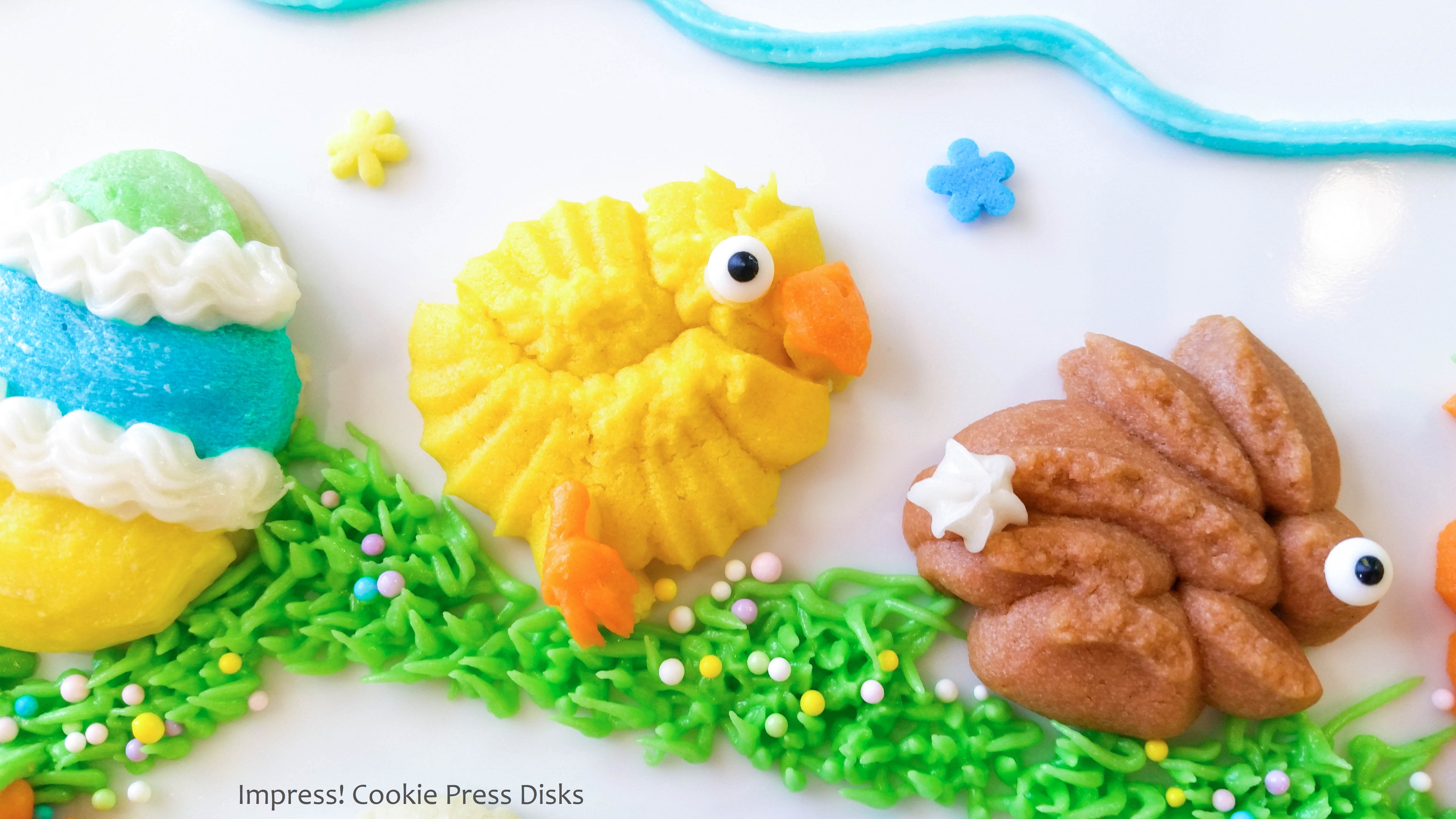 ee Easter Cream Cheese Spritz Cookies Chicks Eggs Bunnies Carrots cookie press © 2018 Impress! Bakeware, LLC.jpg