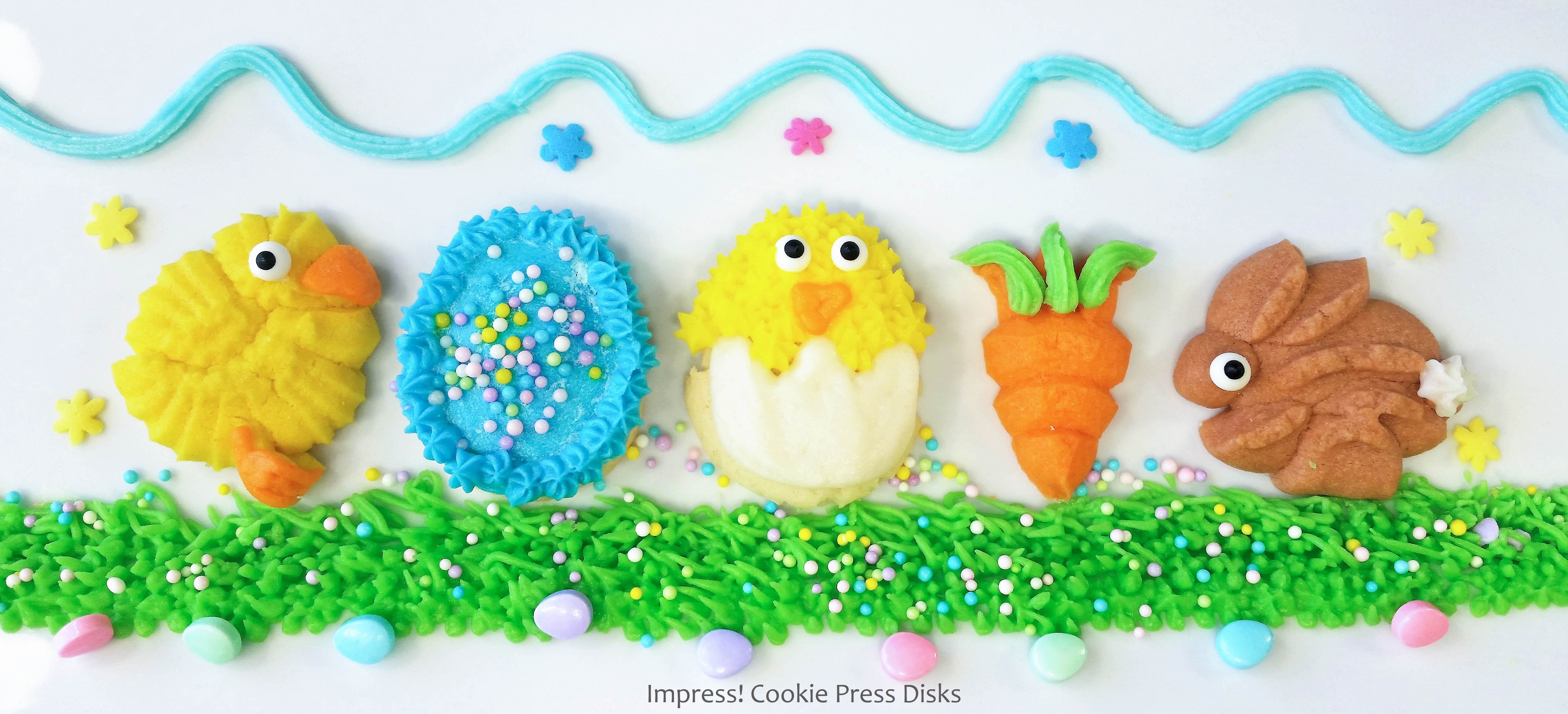 F Easter Cream Cheese Spritz Cookies Chicks Eggs Bunnies Carrots cookie press © 2018 Impress! Bakeware, LLC.jpg