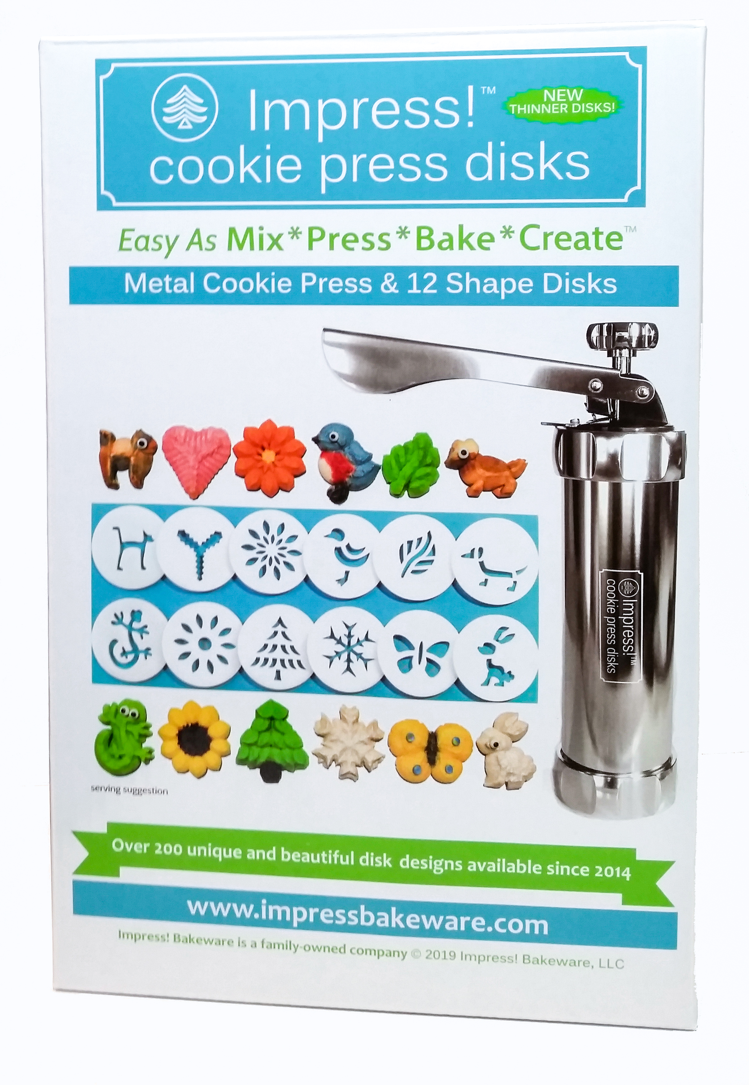 Impress! Bakeware Cookie Press and 12 Disks in box © 2019 Impress Bakeware, LLC a