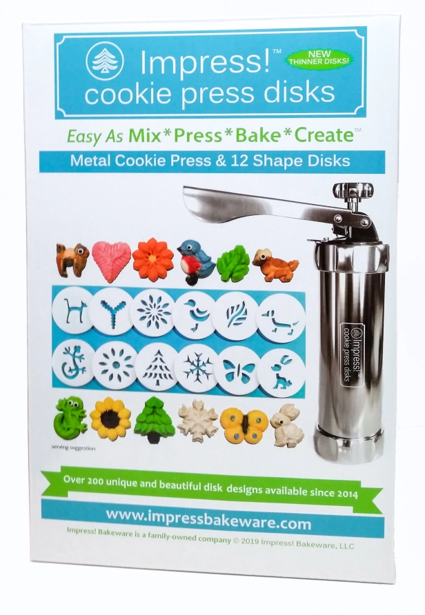 Impress! Bakeware Cookie Press and 12 Disks in box © 2019 Impress Bakeware, LLC a